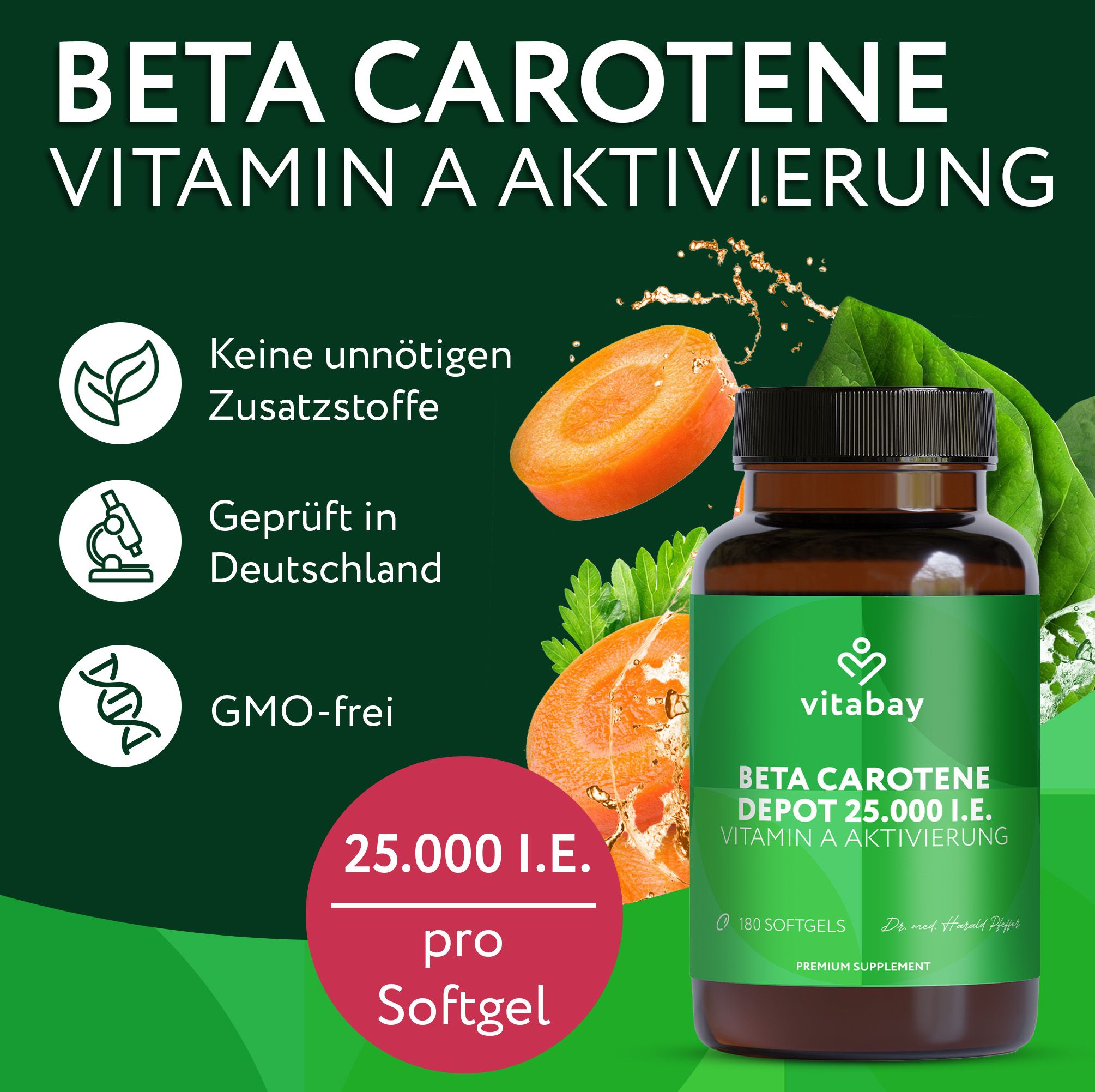 Bottiglia Vitabay Beta Carotene Depot 25.000 I.E., carote, spinaci, sigillo: Testato in Germania.
