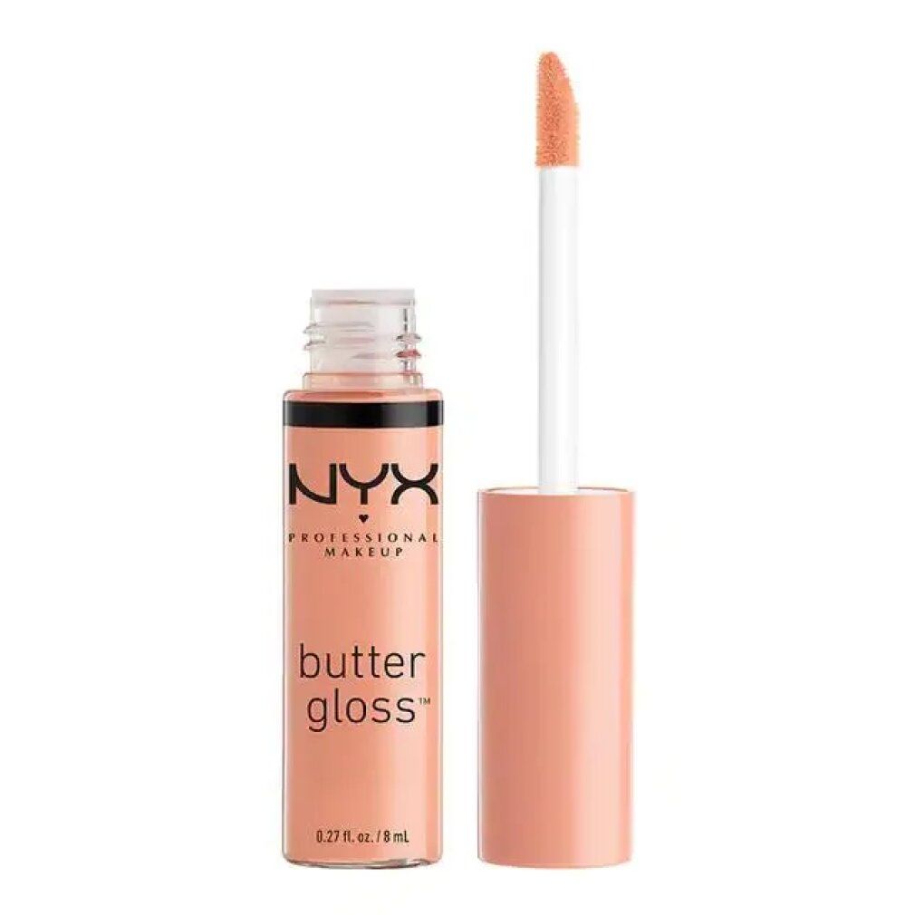 Lucidalabbra NYX Professional Makeup Butter Gloss Biscotto della Fortuna. Tubo beige con applicatore. Scritta nera sul prodotto.