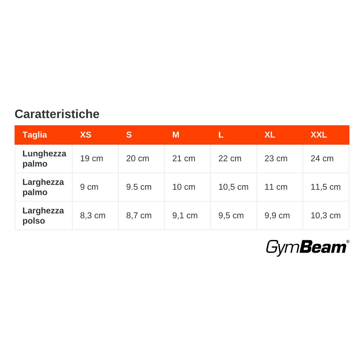 Tabella delle taglie per guanti da ciclismo GymBeam in italiano: Taglia, Lunghezza palmo, Larghezza palmo, Larghezza polso.