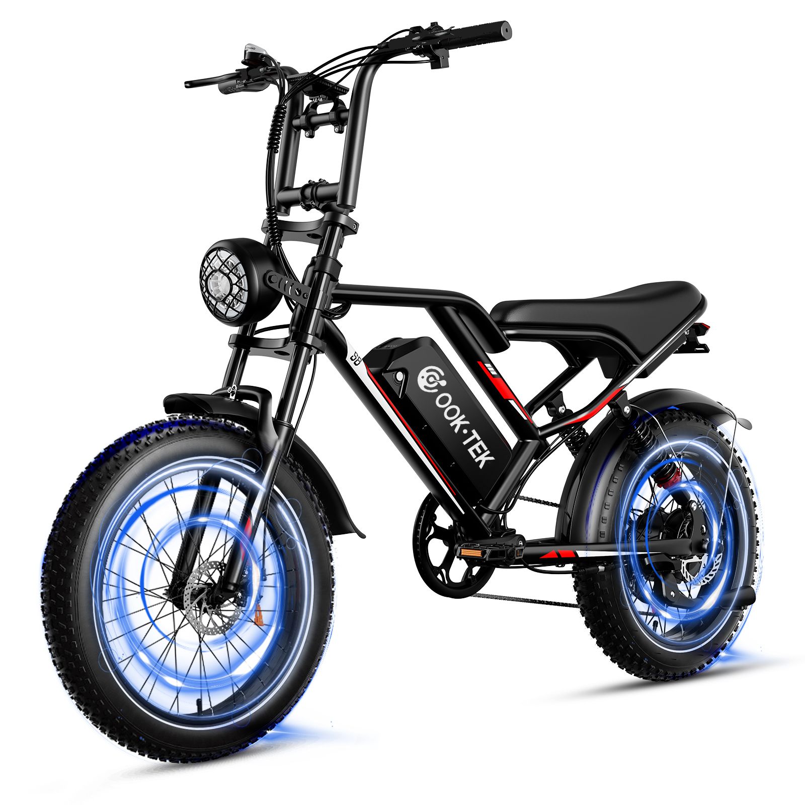 Bicicletta elettrica nera con pneumatici larghi. Effetti di luce blu sulle ruote. Logo OOK-TEK sulla batteria.