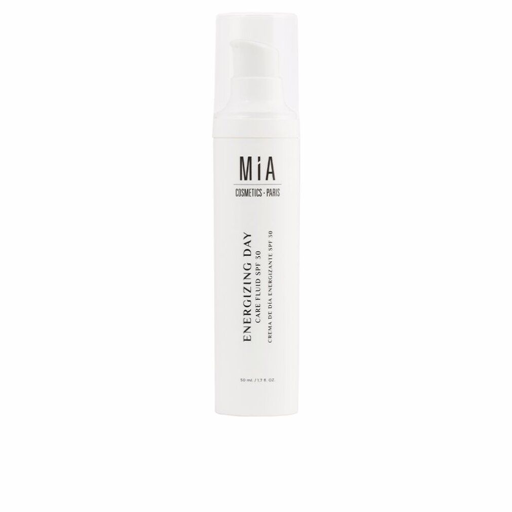 Flacone bianco con dosatore a pompa. Scritta: Mía Cosmetics, Energizing Day Care Fluid SPF 30. Nome prodotto e SPF.