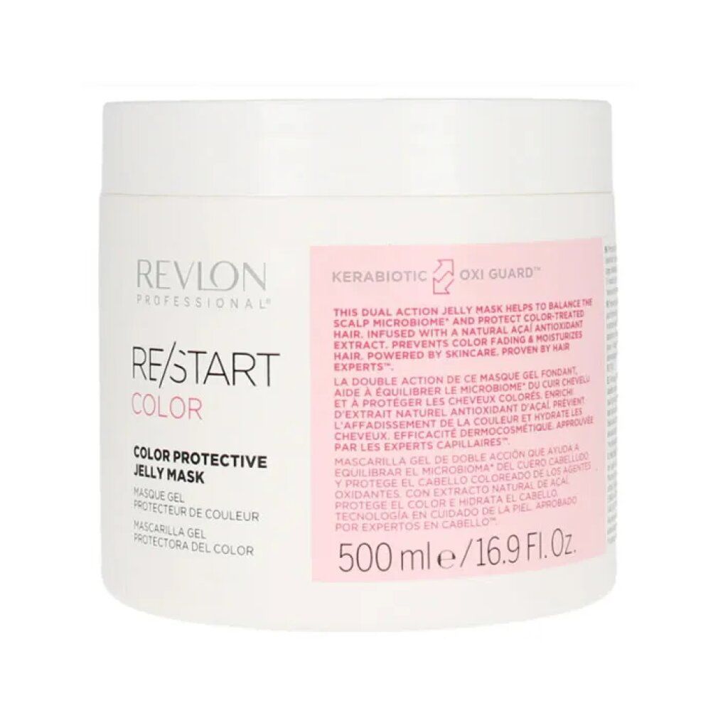 Vaso bianco con etichetta prodotto. Scritta: Revlon Re-Start Color Jelly Mask. 500 ml/16.9 Fl.Oz.