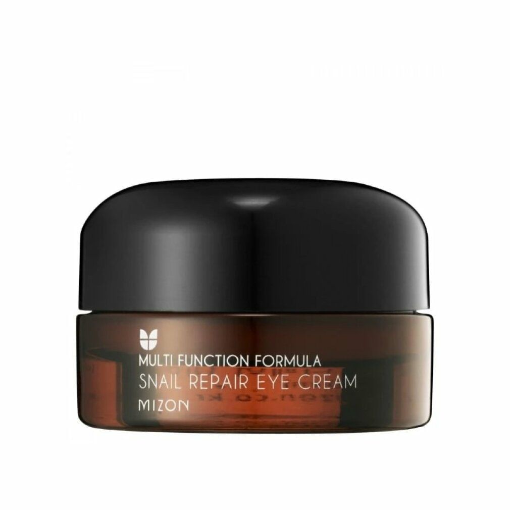 Vasetto di vetro marrone con coperchio nero. Scritta: Multi Function Formula Snail Repair Eye Cream MIZON.