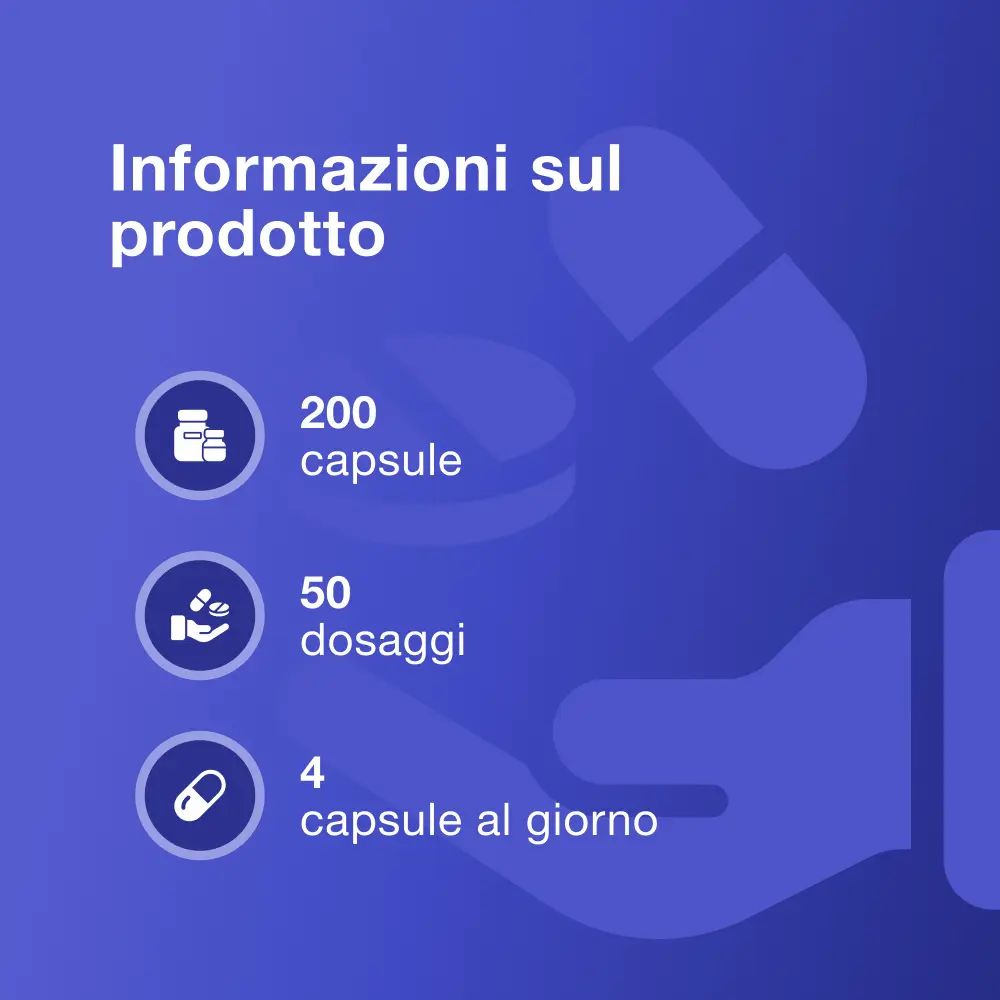 Grafico con informazioni: 200 capsule, 50 dosi, 4 capsule al giorno.