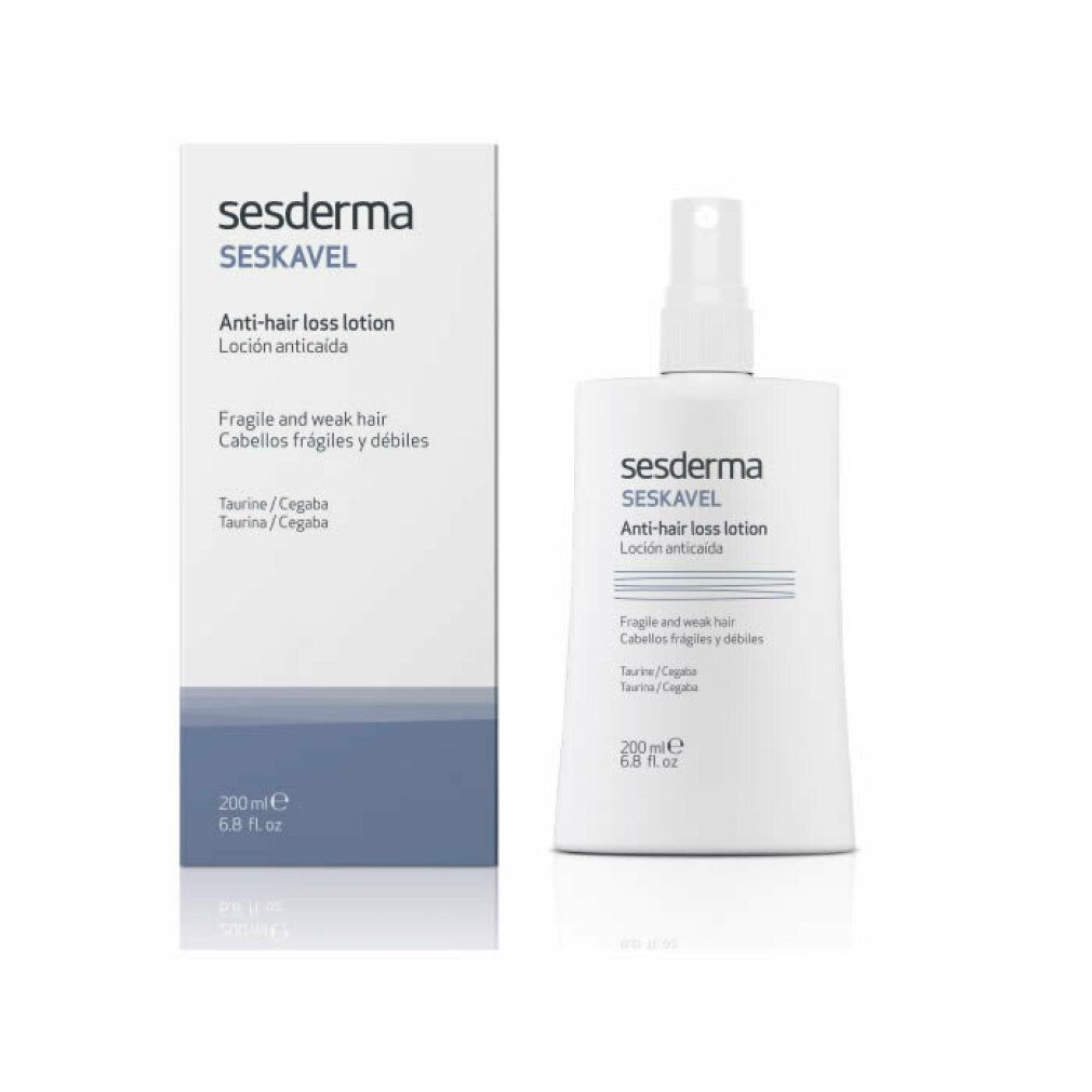 Flacone e scatola bianchi. Scritta: sesderma SESKAVEL Lozione anticaduta. Per capelli fragili e deboli. 200ml.