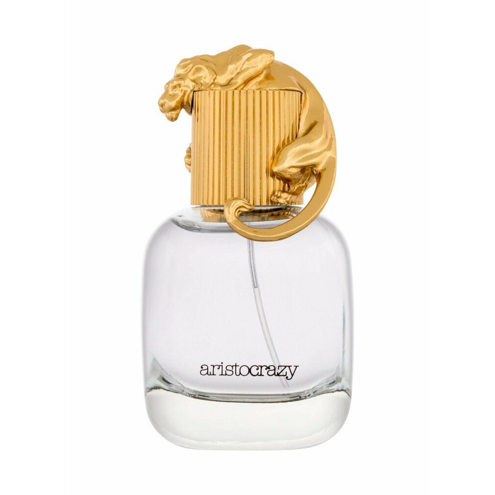 Flacone in vetro trasparente con tappo dorato e decoro pantera. Scritta "aristocrazy".