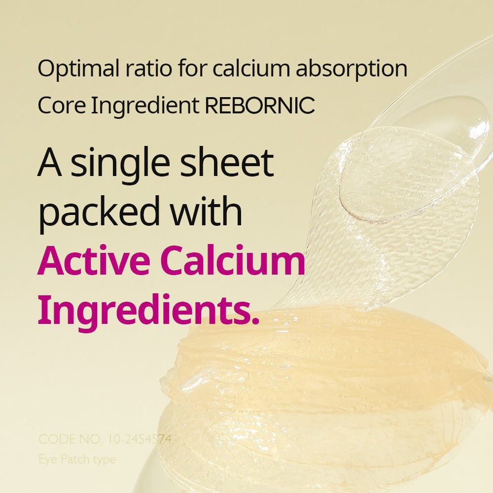 Un singolo patch idrogel per gli occhi con ingredienti attivi al calcio, ingrediente principale Rebornic.