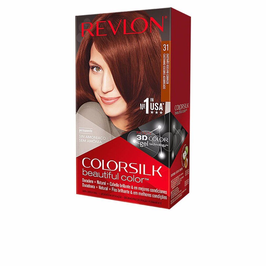 Confezione Revlon Colorsilk 31 Dark Auburn. Donna con capelli castani. Visibili "Sin amoniaco" e "3D Color gel technology".