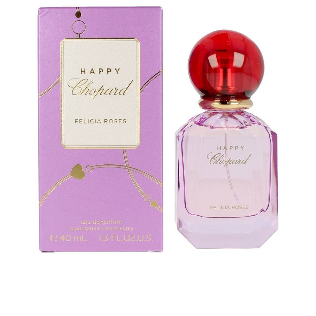 Flacone di profumo e confezione. Flacone rosa, tappo rosso. Confezione lilla con scritta dorata. Scritto: Happy Chopard Felicia Roses.