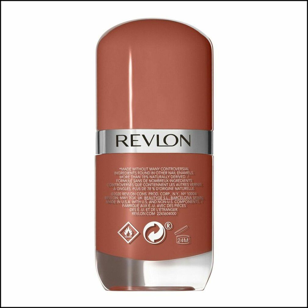Retro del flacone di smalto. Informazioni testuali, tra cui "Revlon". Simboli infiammabili e di riciclo.