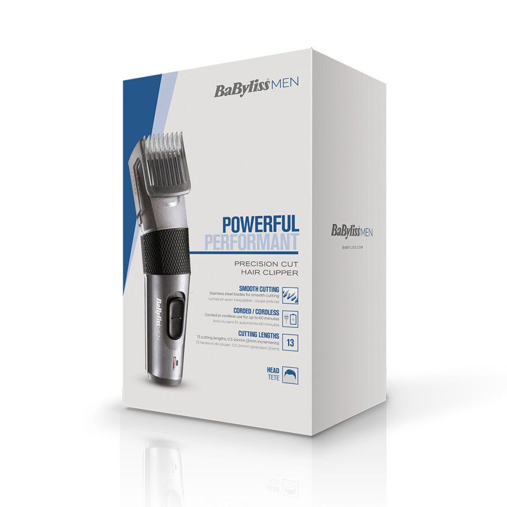 Confezione BaBylissMEN. Illustrazione tagliacapelli. Testo: Powerful Performant, Precision Cut Hair Clipper.