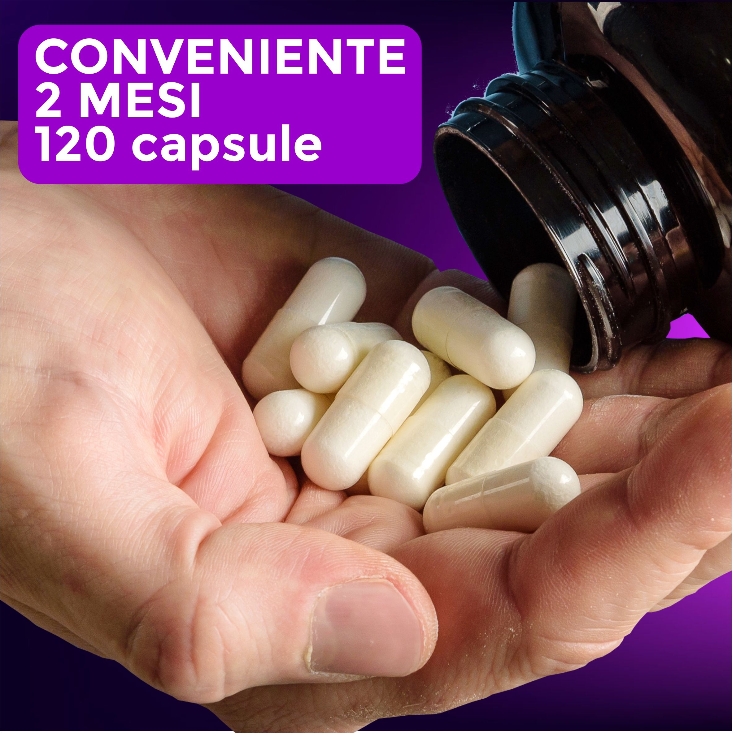 Mani che tengono capsule. Testo: "Conveniente 2 mesi 120 capsule".