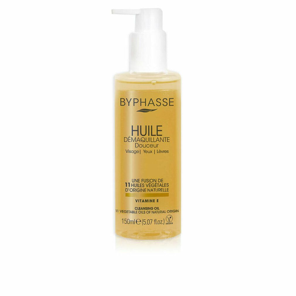 Flacone con dosatore. Scritta: BYPHASSE, HUILE DÉMAQUILLANTE Douceur. Contiene 11 oli vegetali. Con vitamina E. 150ml.