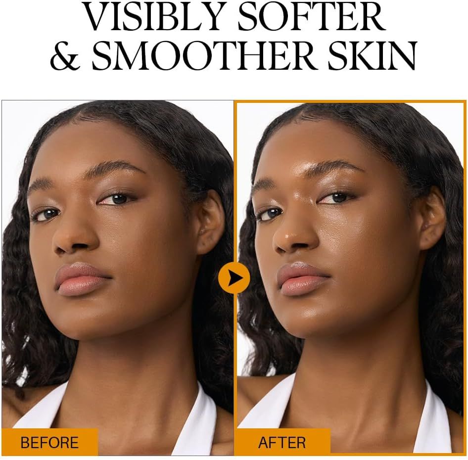 Confronto prima-dopo. Pelle prima e dopo l'uso. Testo: pelle visibilmente più morbida e liscia.