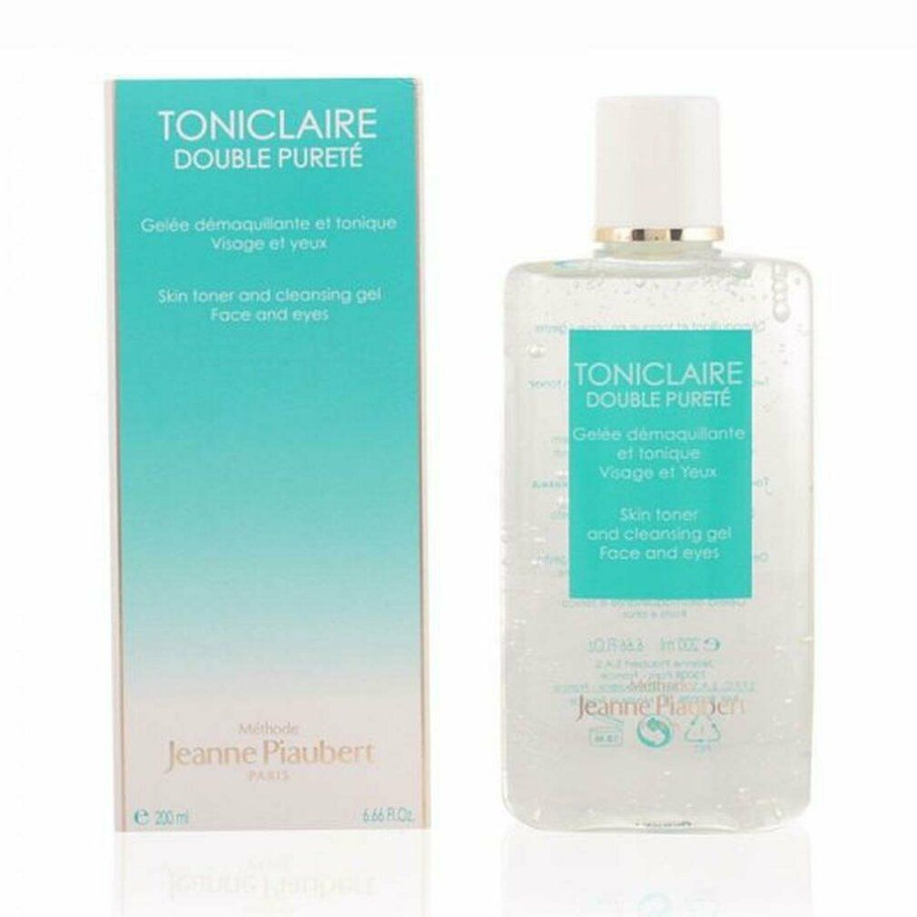 Gel detergente e scatola. Scritta: Toniclaire Double Pureté, Gelee démaquillante et tonique, Visage et yeux. Marchio: Jeanne Piaubert.