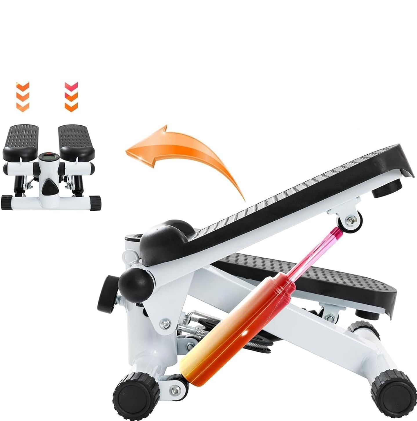 Mini stepper bianco con pedane nere. Freccia che indica il movimento. Vista aggiuntiva del dispositivo.