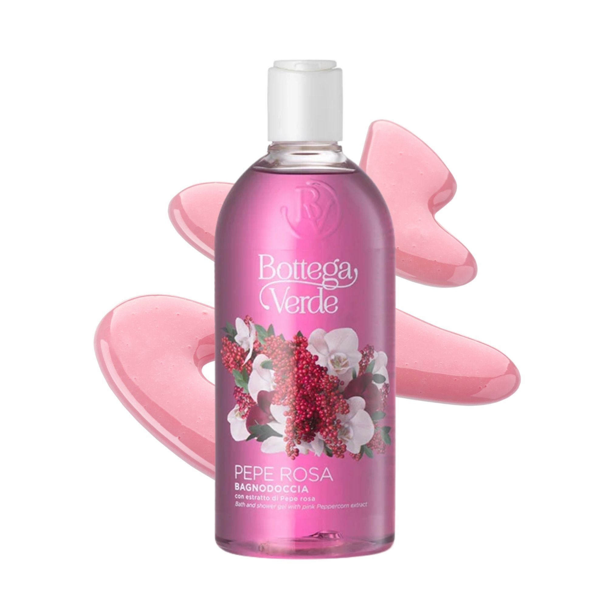 Bottega Verde Pepe Rosa Bagnodoccia doccia gel in flacone trasparente con tappo bianco, circondato da forme astratte rosa.