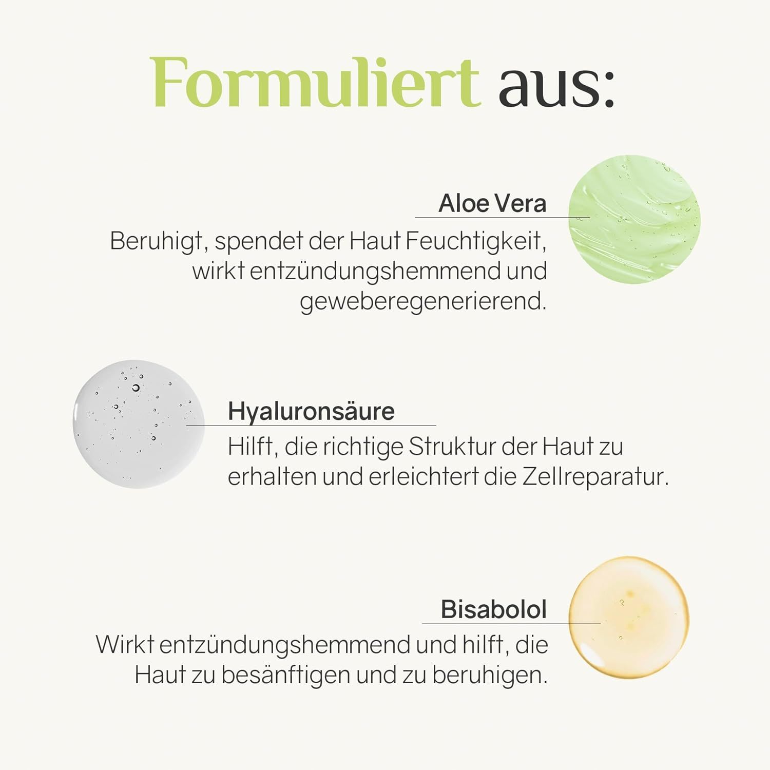 Ingredienti: Aloe vera, acido ialuronico, bisabololo. Descrizioni degli ingredienti e dei loro effetti sulla pelle.