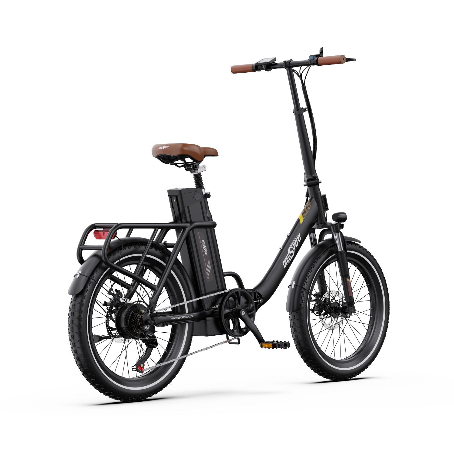 Bicicletta elettrica nera con sella marrone. Portapacchi posteriore. Marchio ONESPORT visibile.