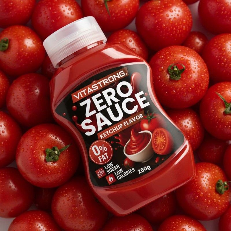 Bottiglia rossa Vitastrong Zero Sauce Ketchup Flavor circondata da pomodori. Scritte: 0% grassi, a basso contenuto di zuccheri, a basso contenuto calorico. 250g.