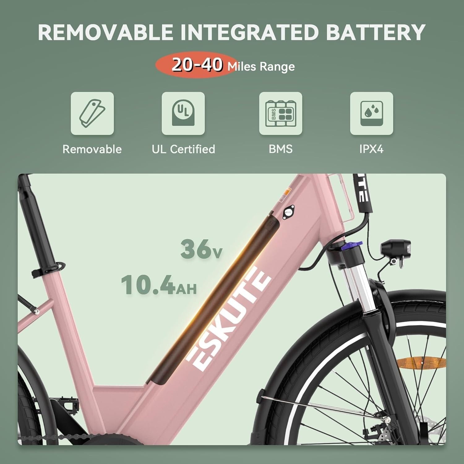 Primo piano del telaio di una bicicletta elettrica rosa. Mostra la batteria con 36V e 10,4Ah. Marchio ESKUTE. Testo: Removable Integrated Battery.