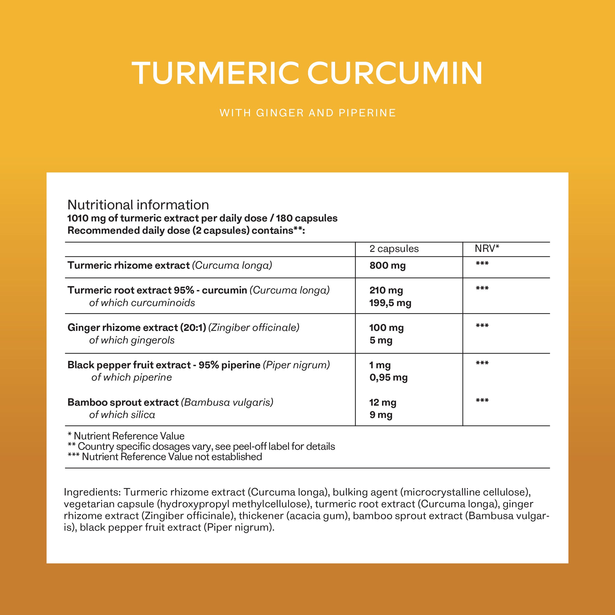 Informazioni nutrizionali su sfondo giallo. Scritta: Turmeric Curcumin, con zenzero e piperina.