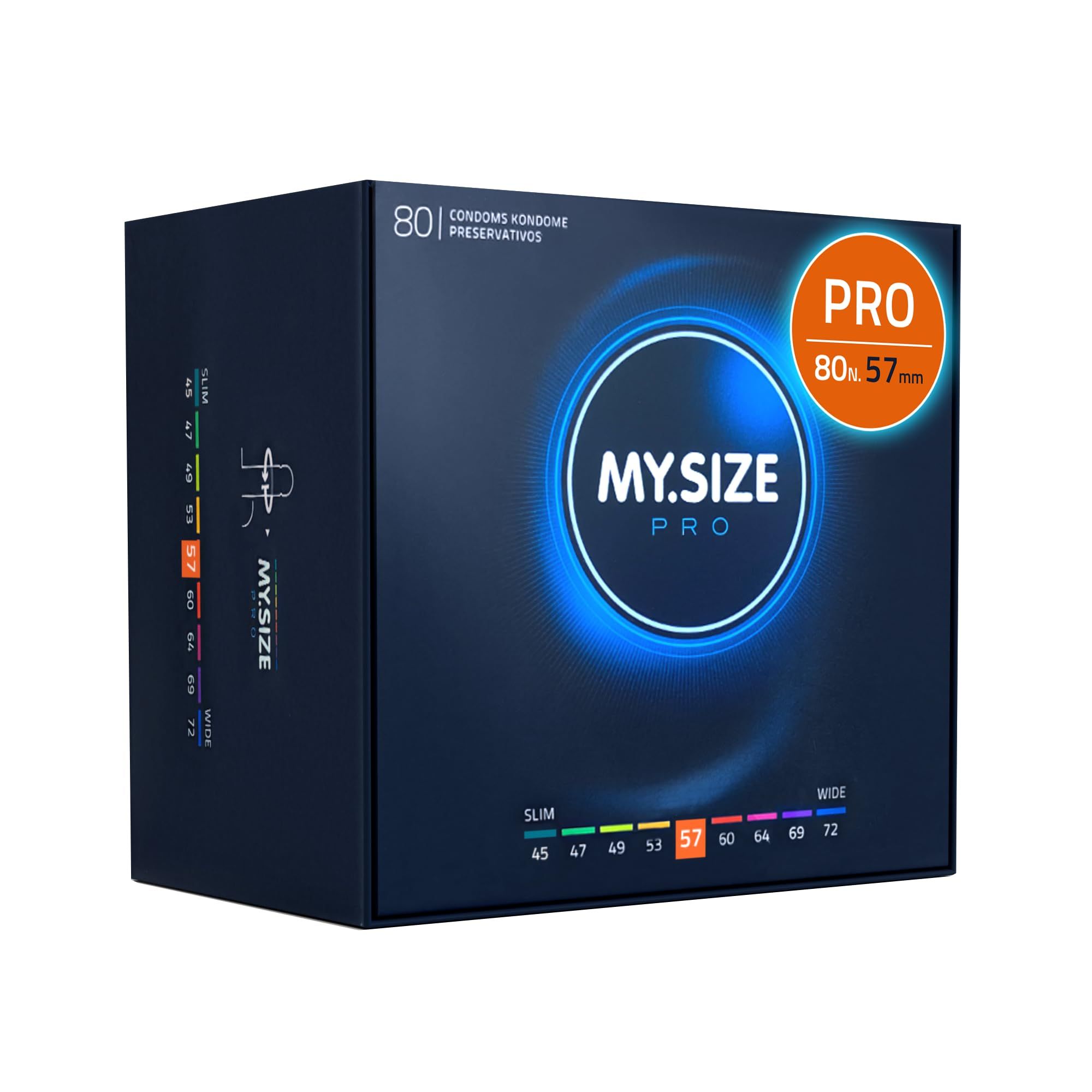 Preservativi MY.SIZE PRO ELITE, 80 pezzi, misura 57mm. Coppia sullo sfondo.