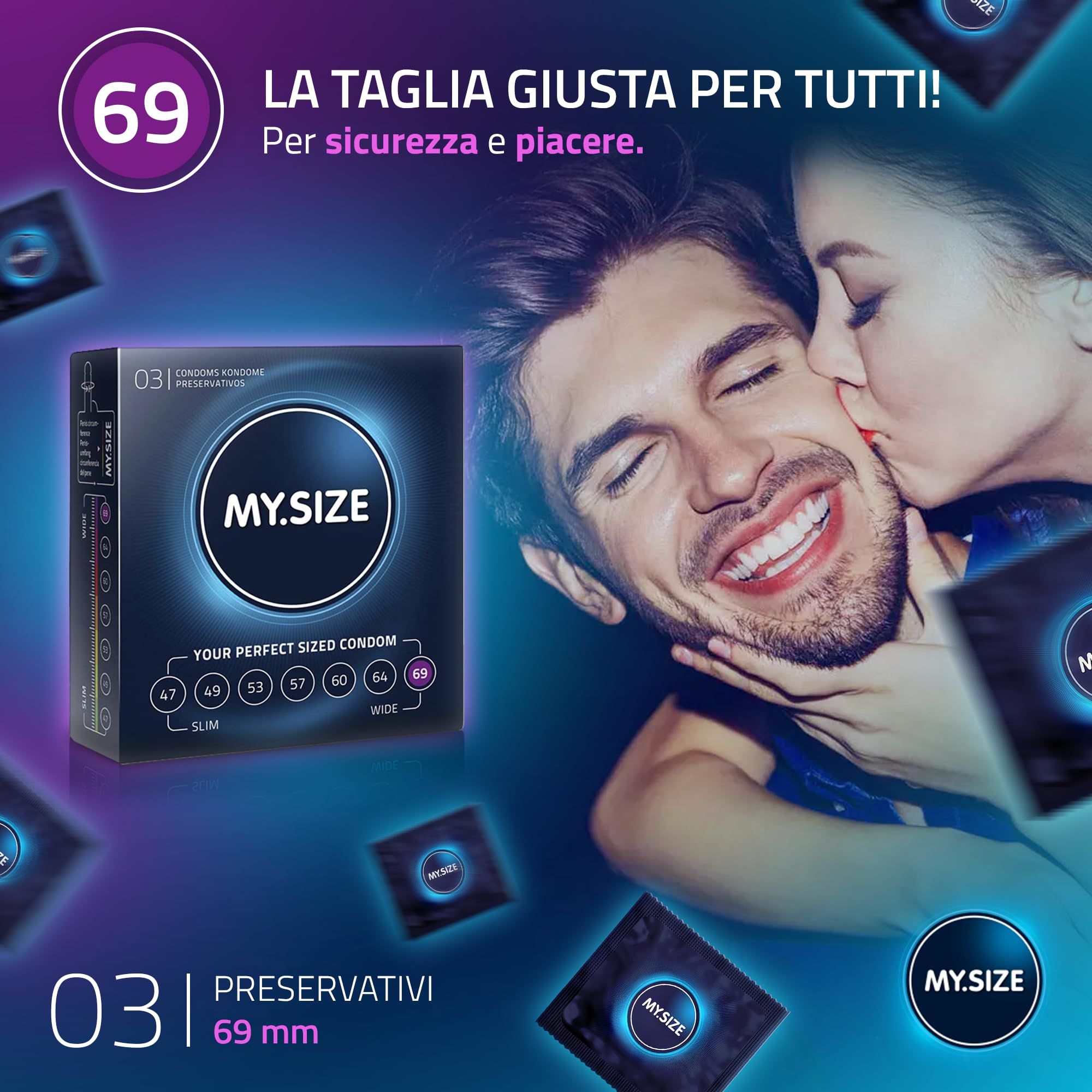 Confezione da 3 preservativi MY.SIZE 69. Retro con informazioni sul prodotto e marchio CE.
