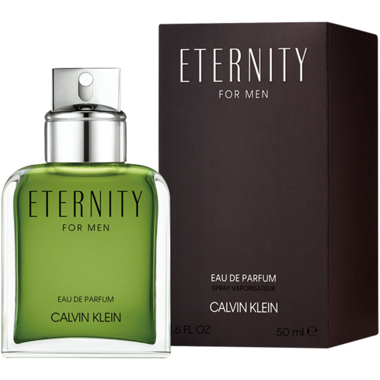 Confezione nera con scritta: Eternity for Men, Eau de Parfum, Calvin Klein.