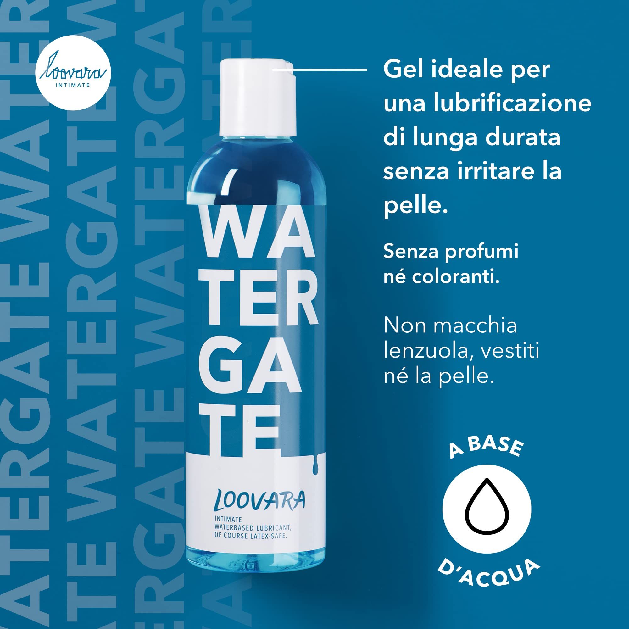 Flacone di gel lubrificante Loovara Watergate, trasparente con etichetta blu, 250 ml.