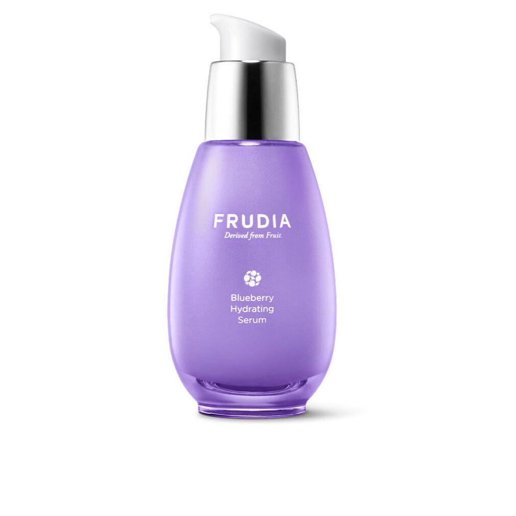Flacone di siero viola con erogatore argentato. Scritta: FRUDIA, Blueberry Hydrating Serum.