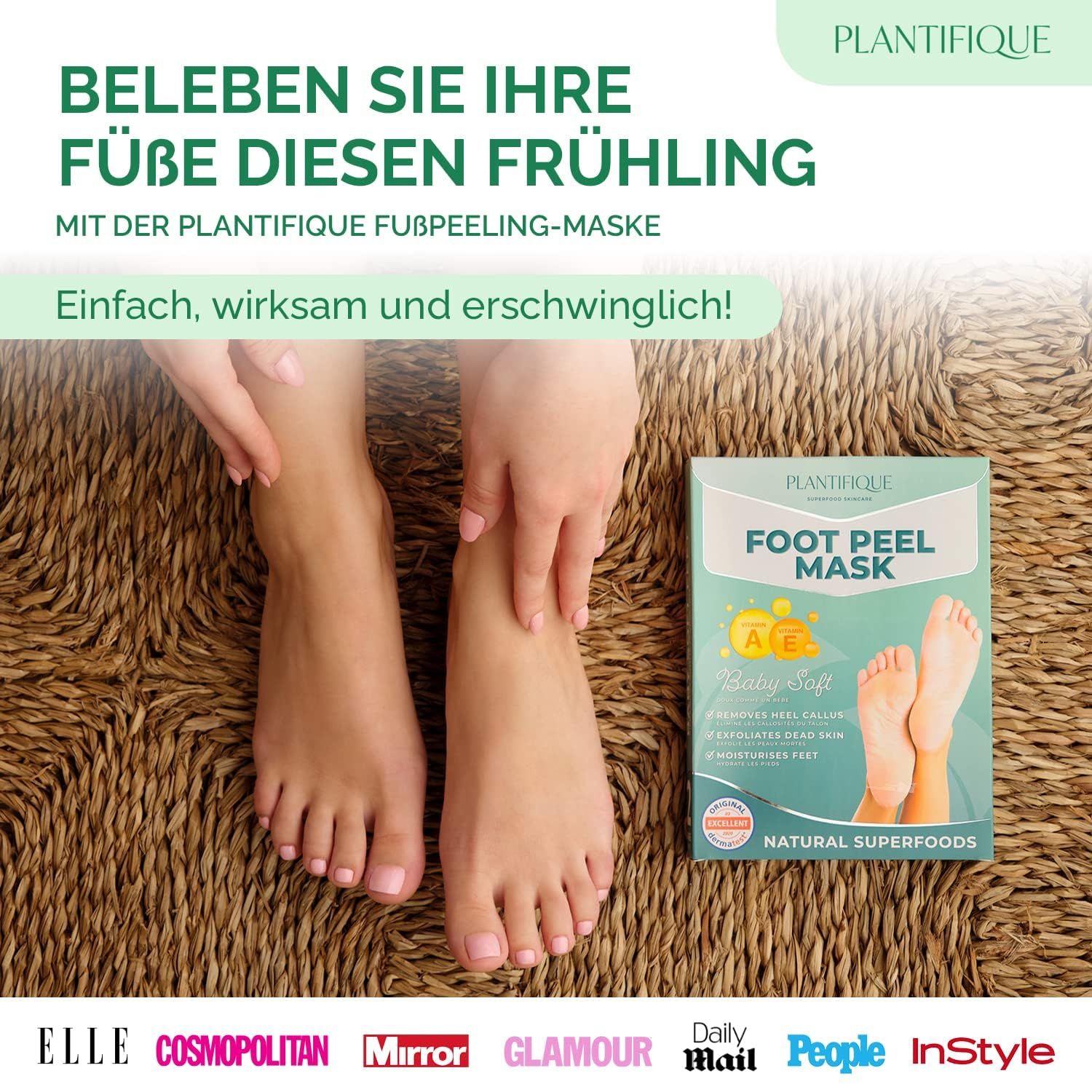 Donna con piedi e confezione di maschera per i piedi. Testo: Foot Peel Mask, Vitamina A & E, Natural Superfoods. Loghi di riviste: Elle, Cosmopolitan, Mirror, Glamour, Daily Mail, People, InStyle.