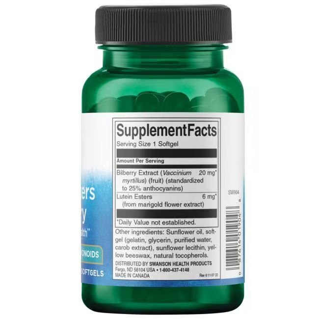 Retro del flacone verde Swanson Lutein Esters & Mirtillo. Etichetta con informazioni nutrizionali e ingredienti.