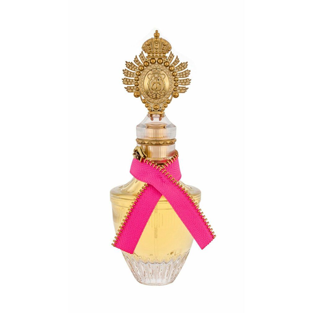 Flacone di profumo con tappo dorato e fiocco rosa. Flacone con dettagli dorati.