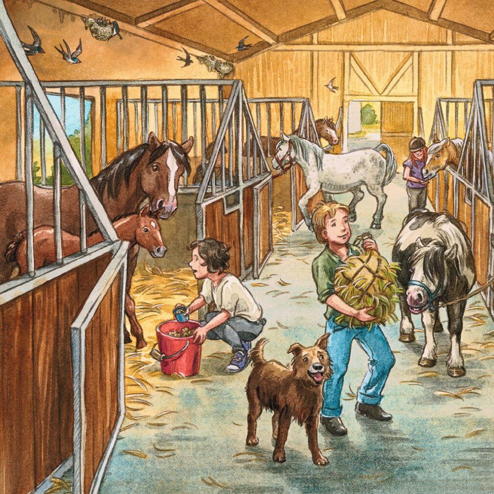 Pz. Mein Reiterhof 3x49T. Bambini a cavallo su un sentiero di campagna. Prato verde, alberi, case sullo sfondo.