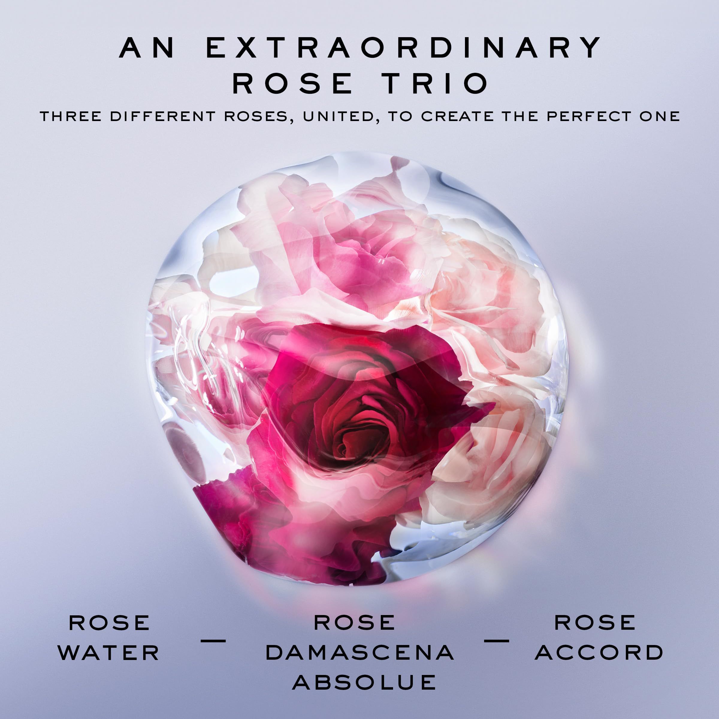 Sfera con fiori di rosa. Testo: AN EXTRAORDINARY ROSE TRIO, ROSE WATER, ROSE DAMASCENA ABSOLUE, ROSE ACCORD.