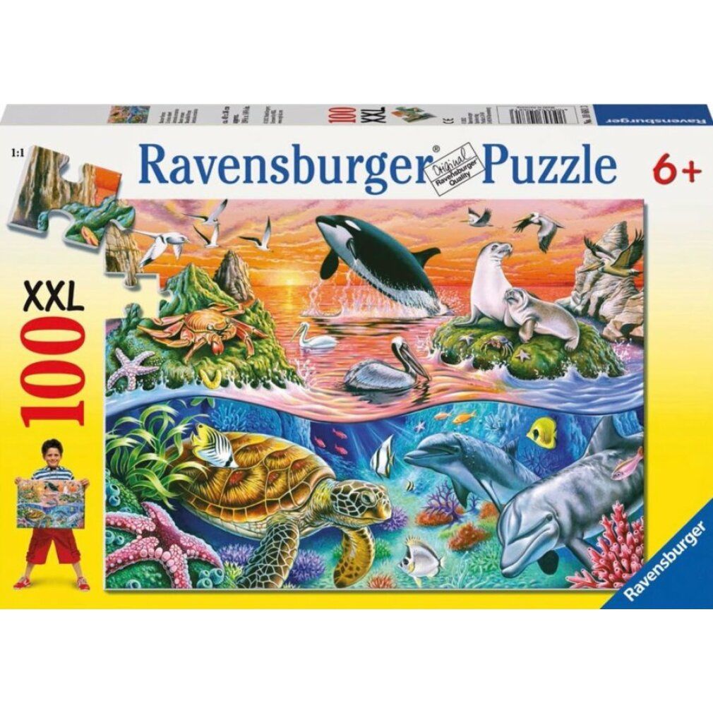 Puzzle Ravensburger, Schöner Ozean, 100 pezzi, XXL. Confezione con motivo puzzle, bambino con puzzle. Scena oceanica.