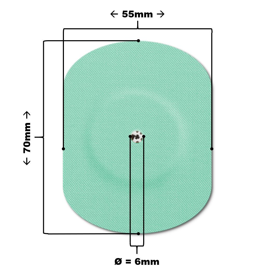 Cerotto verde menta con foro di ventilazione. Dimensioni: 70x55mm, foro Ø 6mm. Tessuto fine. Punto centrale scuro.