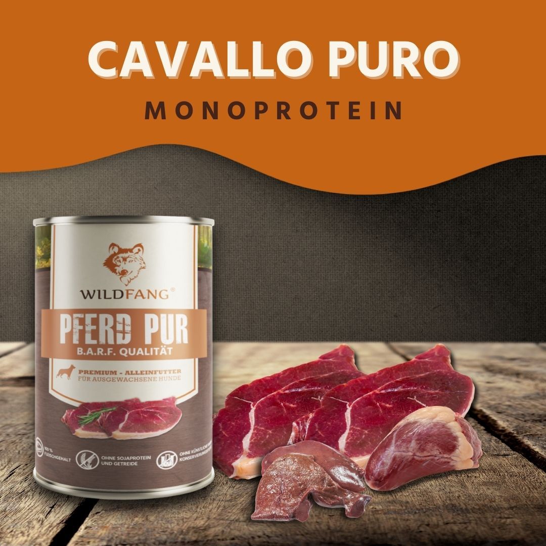 Lattina di cibo umido e pezzi di carne. Testo: Wildfang, Pferd Pur, Cavallo Puro, Monoprotein.