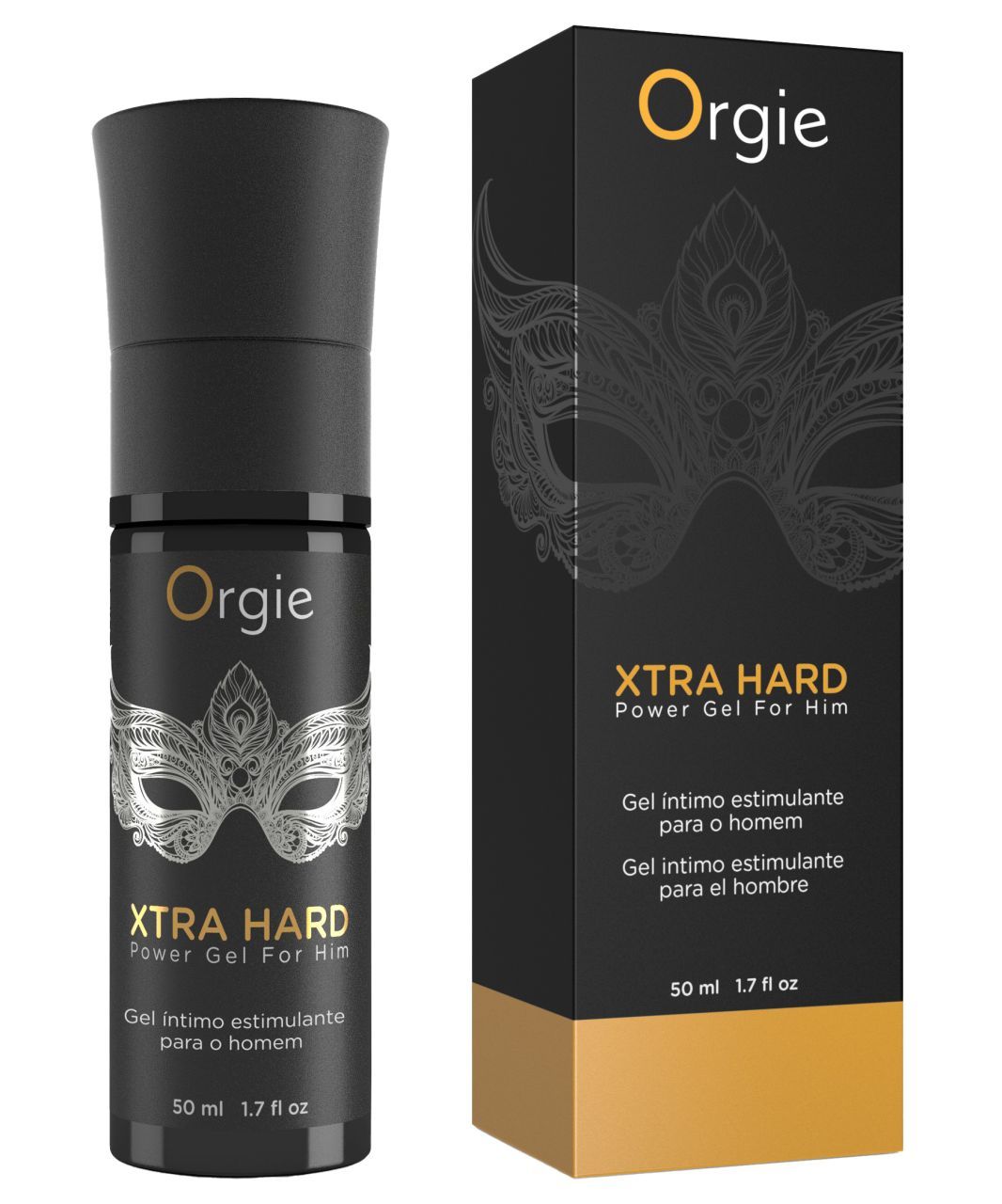 Flacone e confezione Orgie Xtra Hard Power Gel For Him con motivo a maschera.