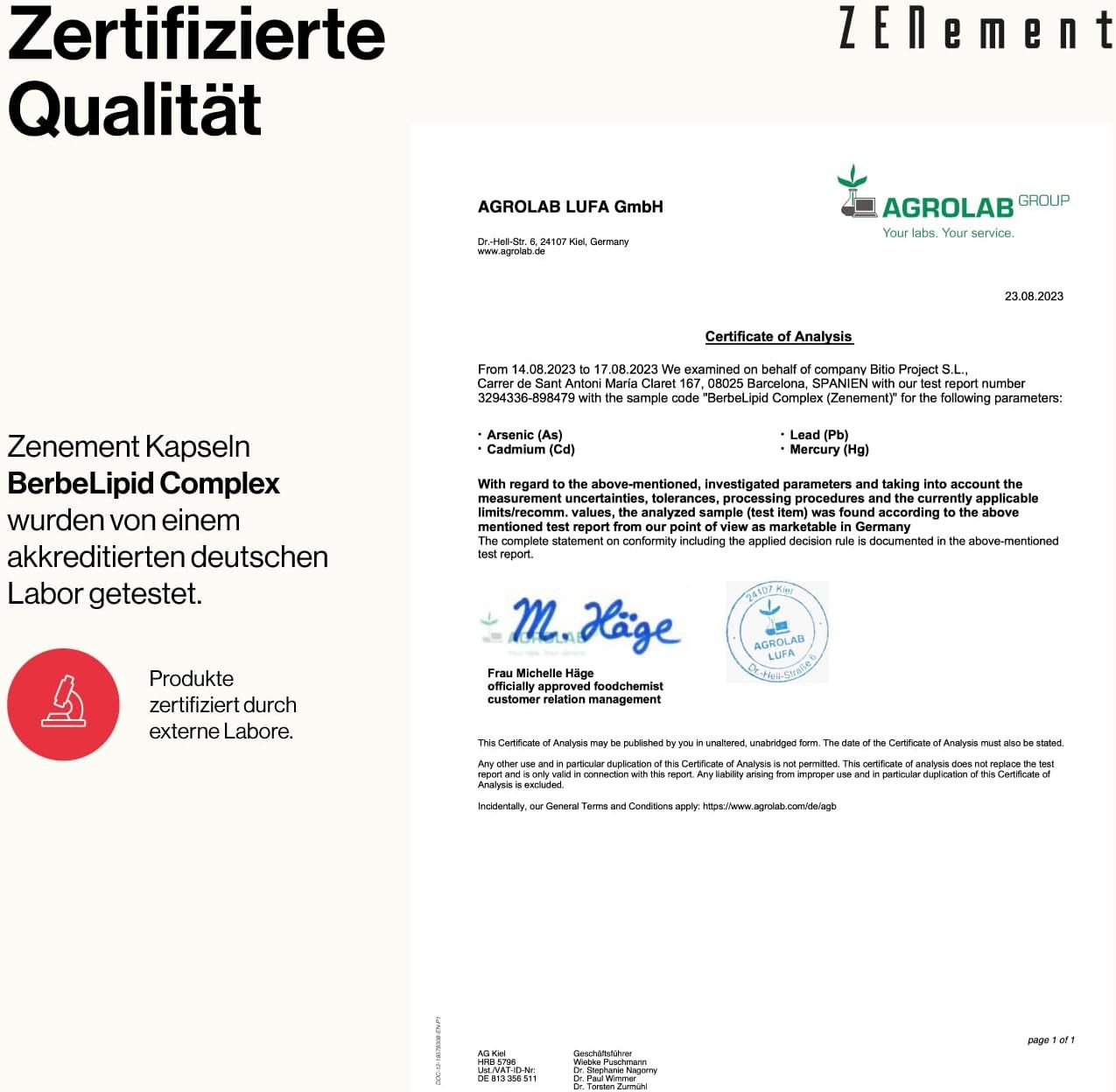 Certificato di Agrolab LUFA GmbH. Certifica la qualità delle capsule Zenement BerbeLipid Complex. Laboratorio tedesco accreditato.