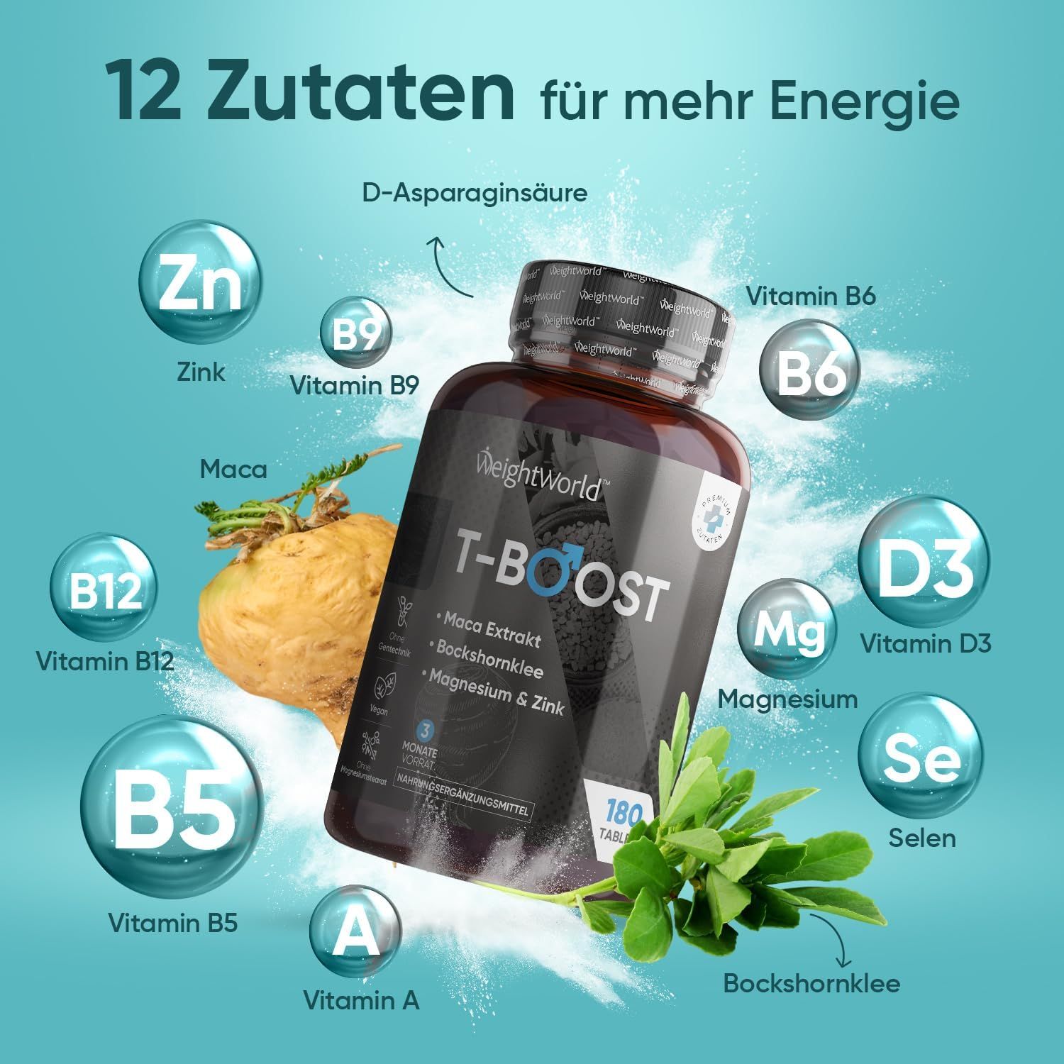 Flacone T-BOOST con ingredienti: Zinco, Vitamina B9, B12, B5, A, B6, D3, Magnesio, Selenio. 12 ingredienti.