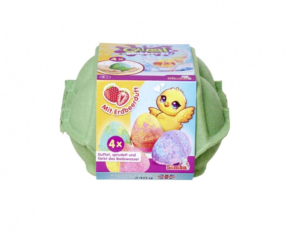 Confezione a forma di cartone per uova verde con prodotto Glibbi. Contiene 4 uova profumate alla fragola. Logo Simba.