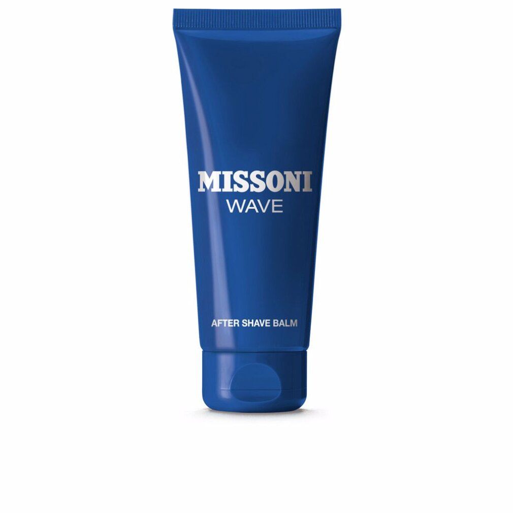 Tubo blu con scritta "MISSONI WAVE" e "AFTER SHAVE BALM". Il tappo è anch'esso blu.