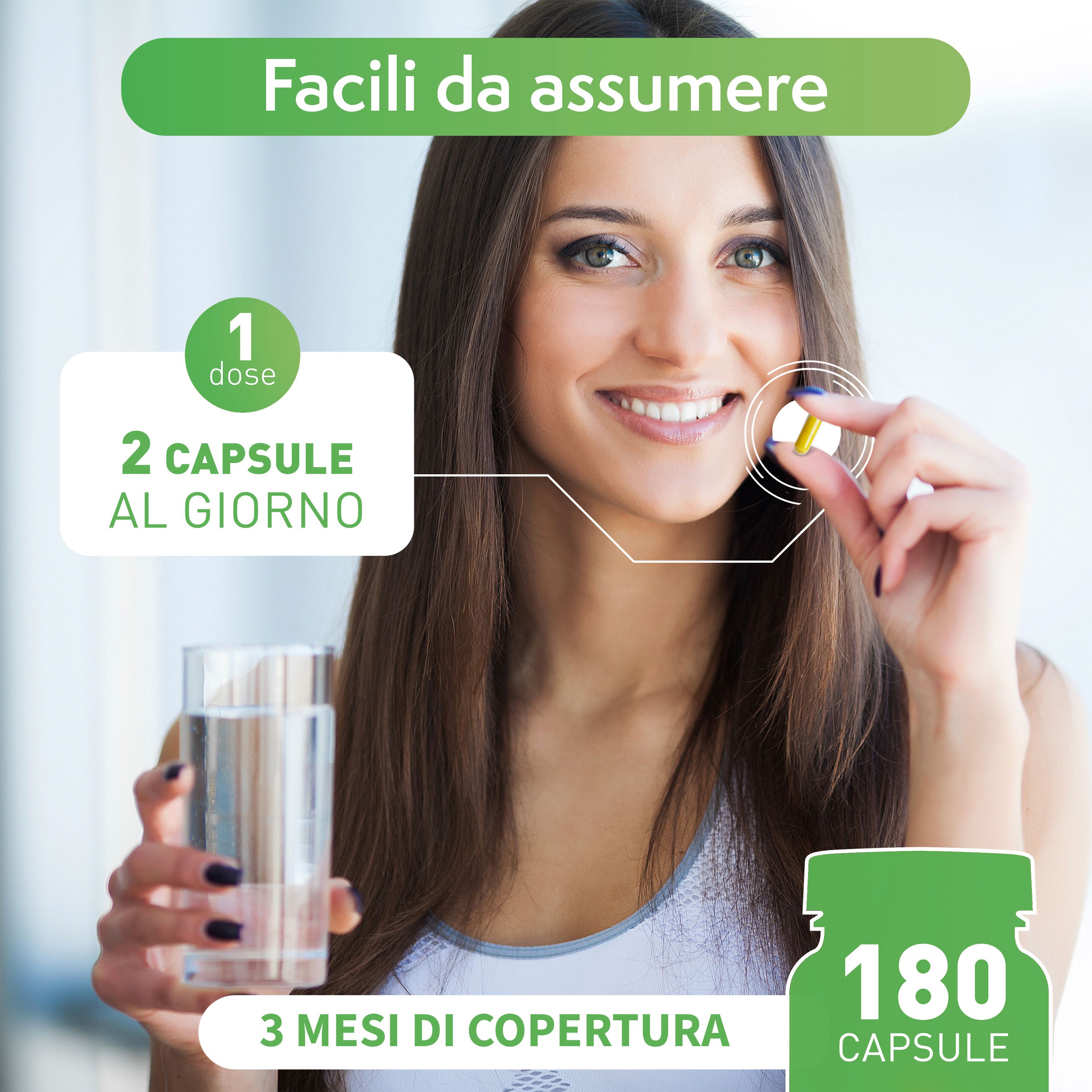 Donna tiene capsula e bicchiere d'acqua. Testo: 2 capsule al giorno. 3 mesi di copertura. Flacone di Berberina, 180 capsule.
