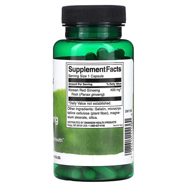 Flacone verde con capsule. Retro con informazioni nutrizionali: Korean Red Ginseng Root, 400 mg.