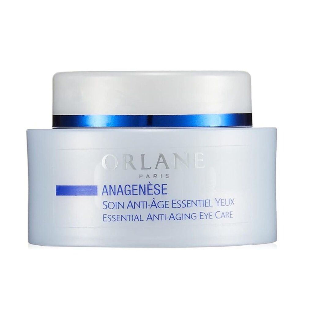 Vasetto bianco con bordo blu e coperchio. Scritta: ORLANE PARIS, ANAGENÈSE, SOIN ANTI-ÂGE ESSENTIEL YEUX, ESSENTIAL ANTI-AGING EYE CARE.