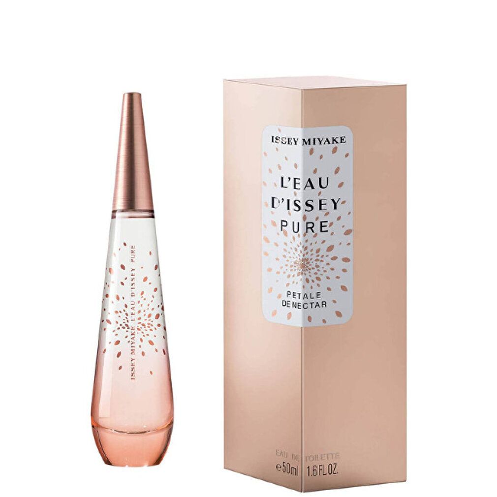 Flacone e scatola di profumo. Flacone a goccia, sfumatura rosa. Scatola beige, con scritta: Issey Miyake L'Eau d'Issey Pure.