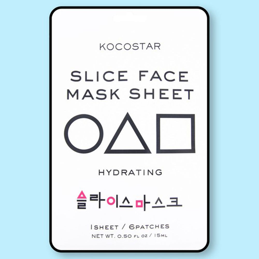 Confezione maschera viso KOCOSTAR. Bordi neri, sfondo bianco. Testo: Slice Face Mask Sheet, Hydrating, testo coreano, 6 patch.