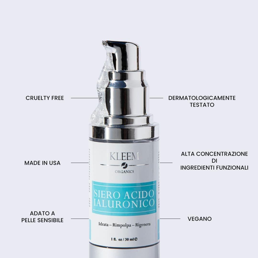 Flacone di siero Kleem all'acido ialuronico. Testo: Cruelty Free, Dermatologicamente testato, Made in USA, Vegano, Adatto a pelli sensibili.
